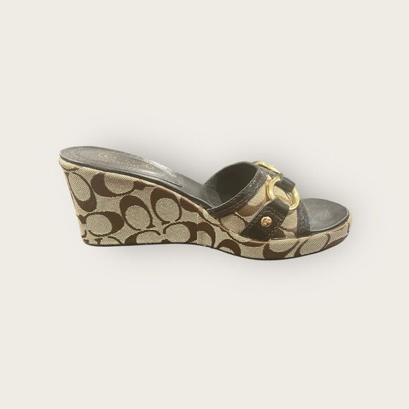 COACH Janessa Brown Signature Canvas Leather Slides Wedge 7.5 - Picture 1 of 8